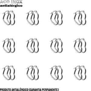 JOIA EM AÇO INOXIDÁVEL - PACOTE COM 12 PARES DE ARGOLAS LISAS MODELO CORAÇÃO - TAMANHO PP - 2 CM