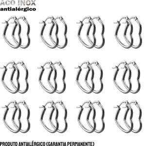 JOIA EM AÇO INOXIDÁVEL - PACOTE COM 12 PARES DE ARGOLAS LISAS MODELO CORAÇÃO - TAMANHO P - 3 CM