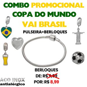 COMBO PROMOCIONAL COPA DO MUNDO - VAI BRASIL - PULSEIRA + 5 BERLOQUES( O BERLOQUE SAI POR APENAS R$ 8,99)