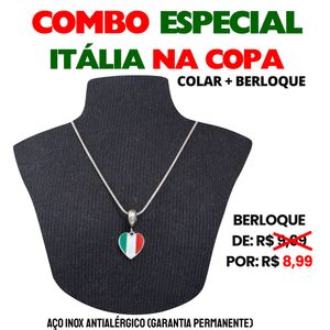COMBO ESPECIAL COPA - COLAR CORRENTE  + BERLOQUE CORAÇÃO ITALIA (BERLOQUE SAI POR APENAS R$ 8,99) EM AÇO INOX